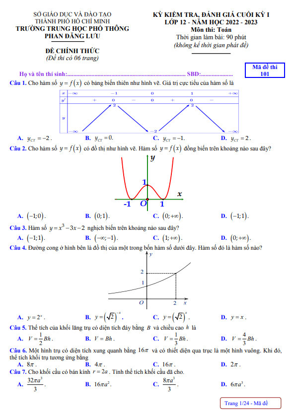Đề cuối kỳ 1 Toán 12 năm 2022 – 2023 trường THPT Phan Đăng Lưu – TP HCM