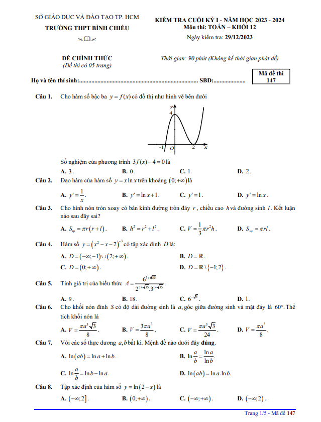 Đề cuối kỳ 1 Toán 12 năm 2023 – 2024 trường THPT Bình Chiểu – TP HCM
