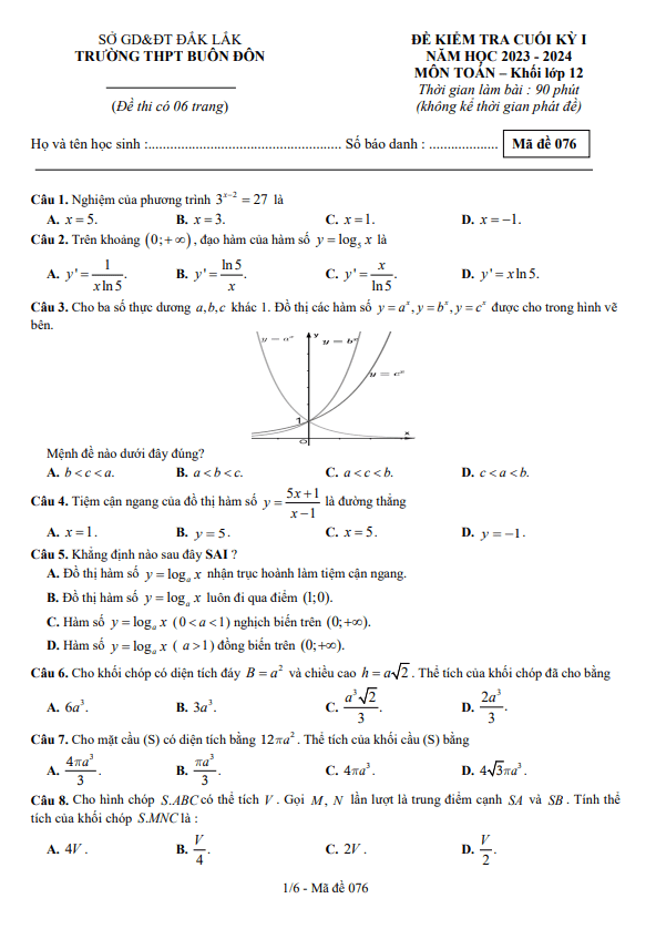 Đề cuối kỳ 1 Toán 12 năm 2023 – 2024 trường THPT Buôn Đôn – Đắk Lắk