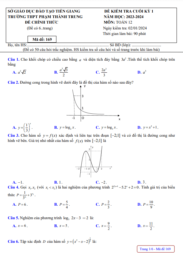 Đề cuối kỳ 1 Toán 12 năm 2023 – 2024 trường THPT Phạm Thành Trung – Tiền Giang