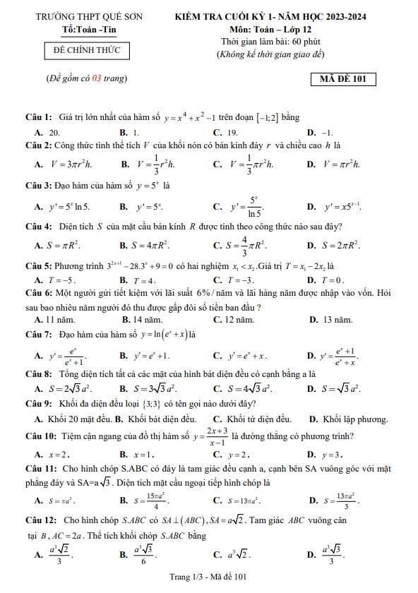 Đề cuối kỳ 1 Toán 12 năm 2023 – 2024 trường THPT Quế Sơn – Quảng Nam