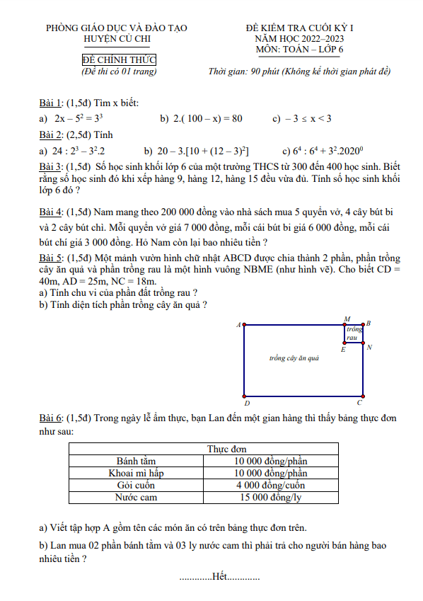 Đề cuối kỳ 1 Toán 6 năm 2022 – 2023 phòng GD&ĐT Củ Chi – TP HCM