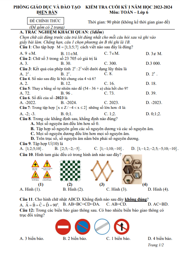 Đề cuối kỳ 1 Toán 6 năm 2023 – 2024 phòng GD&ĐT Điện Bàn – Quảng Nam
