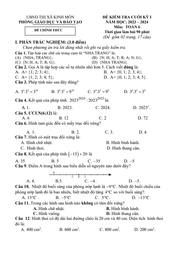 Đề cuối kỳ 1 Toán 6 năm 2023 – 2024 phòng GD&ĐT Kinh Môn – Hải Dương