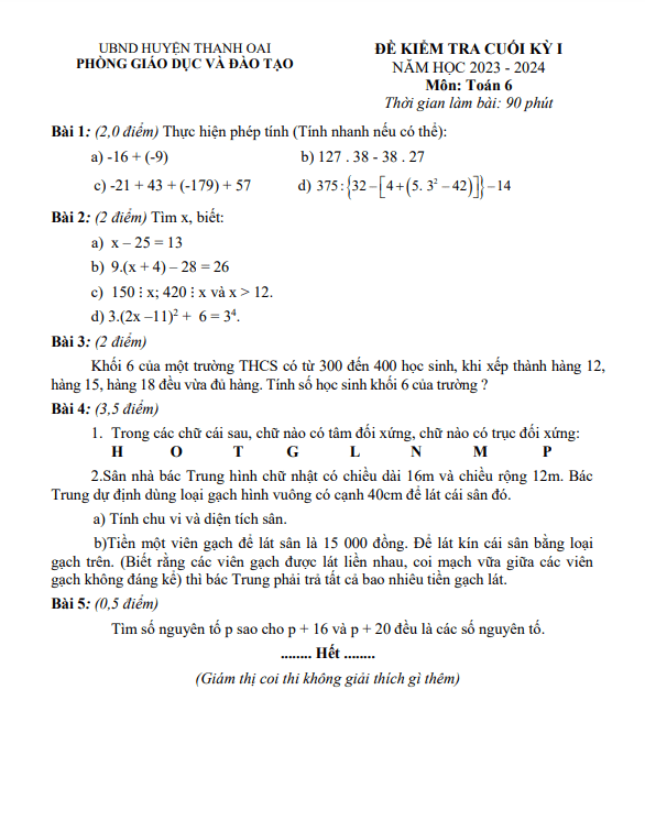 Đề cuối kỳ 1 Toán 6 năm 2023 – 2024 phòng GD&ĐT Thanh Oai – Hà Nội