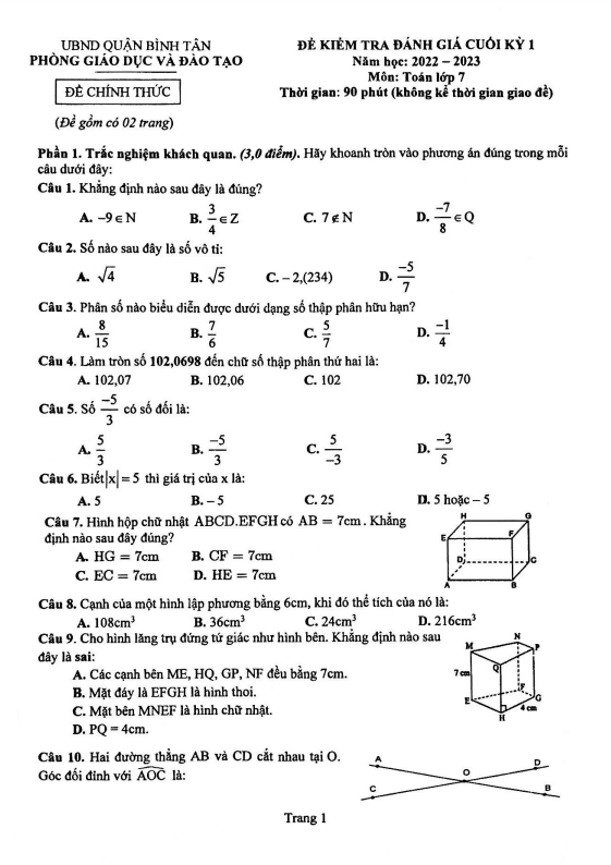 Đề cuối kỳ 1 Toán 7 năm 2022 – 2023 phòng GD&ĐT Bình Tân – TP HCM