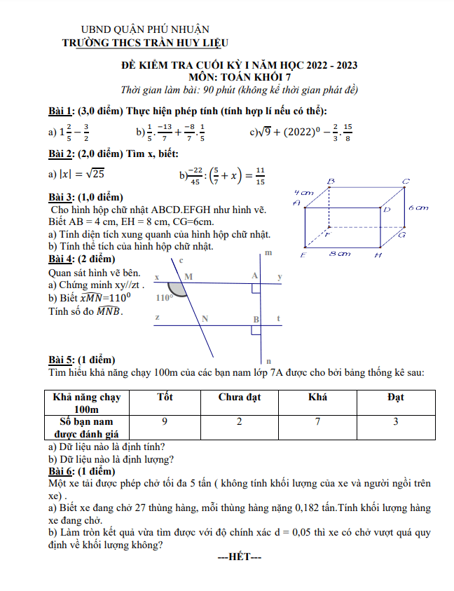 Đề cuối kỳ 1 Toán 7 năm 2022 – 2023 trường THCS Trần Huy Liệu – TP HCM