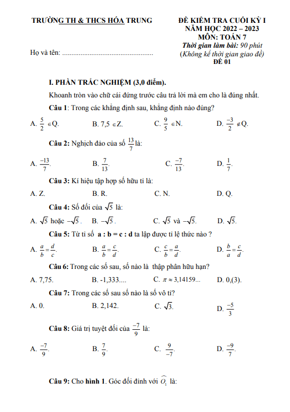 Đề cuối kỳ 1 Toán 7 năm 2022 – 2023 trường TH&THCS Hóa Trung – Thái Nguyên