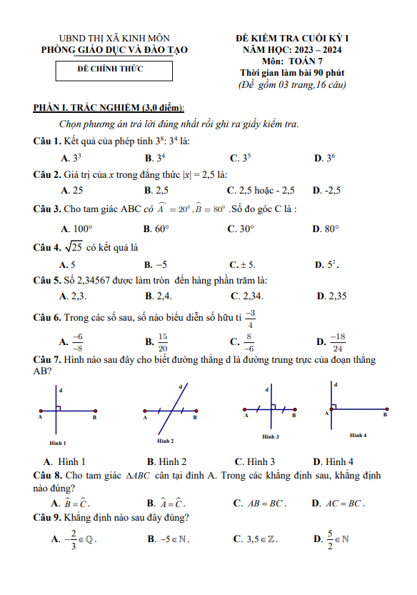 Đề cuối kỳ 1 Toán 7 năm 2023 – 2024 phòng GD&ĐT Kinh Môn – Hải Dương