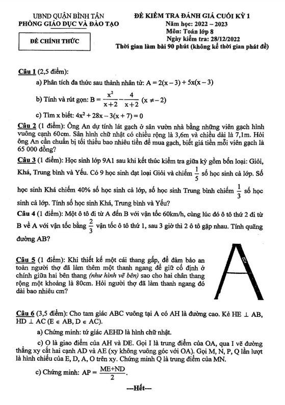 Đề cuối kỳ 1 Toán 8 năm 2022 – 2023 phòng GD&ĐT Bình Tân – TP HCM