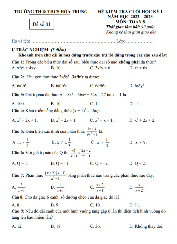 Đề cuối kỳ 1 Toán 8 năm 2022 – 2023 trường TH&THCS Hóa Trung – Thái Nguyên