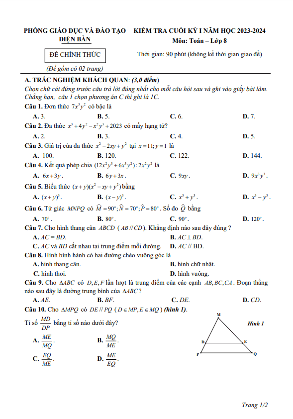 Đề cuối kỳ 1 Toán 8 năm 2023 – 2024 phòng GD&ĐT Điện Bàn – Quảng Nam