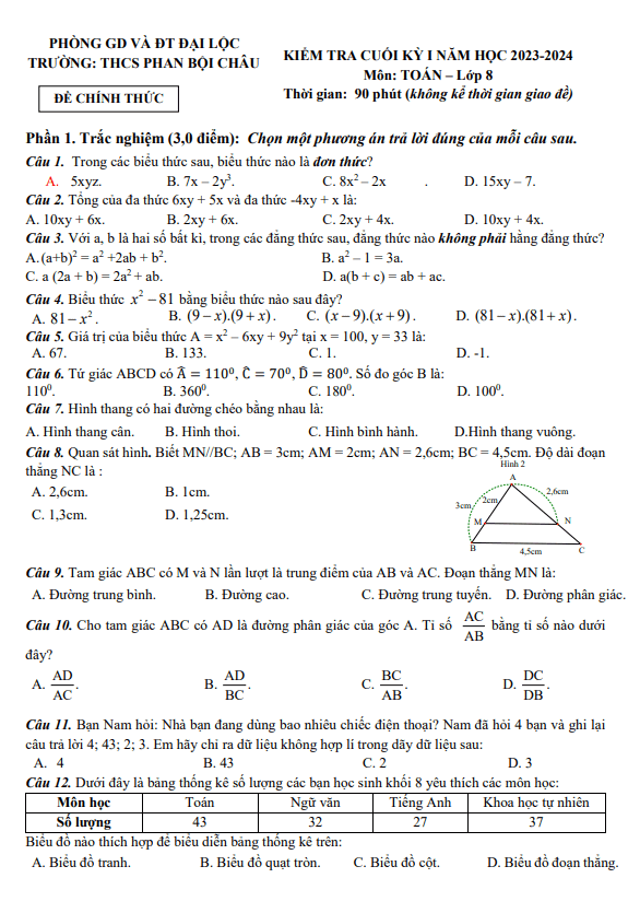 Đề cuối kỳ 1 Toán 8 năm 2023 – 2024 trường THCS Phan Bội Châu – Quảng Nam