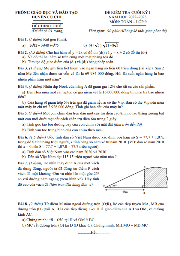 Đề cuối kỳ 1 Toán 9 năm 2022 – 2023 phòng GD&ĐT Củ Chi – TP HCM