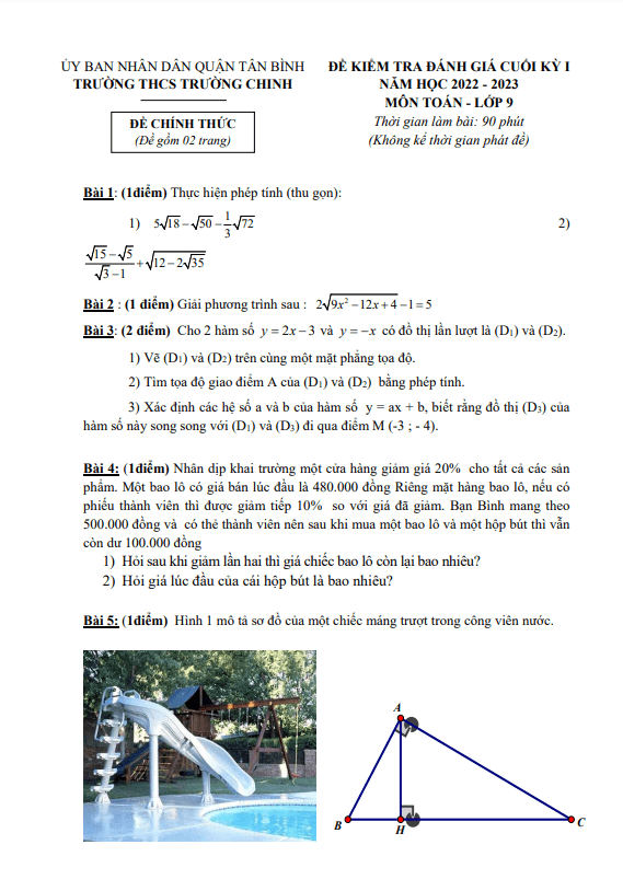 Đề cuối kỳ 1 Toán 9 năm 2022 – 2023 trường THCS Trường Chinh – TP HCM