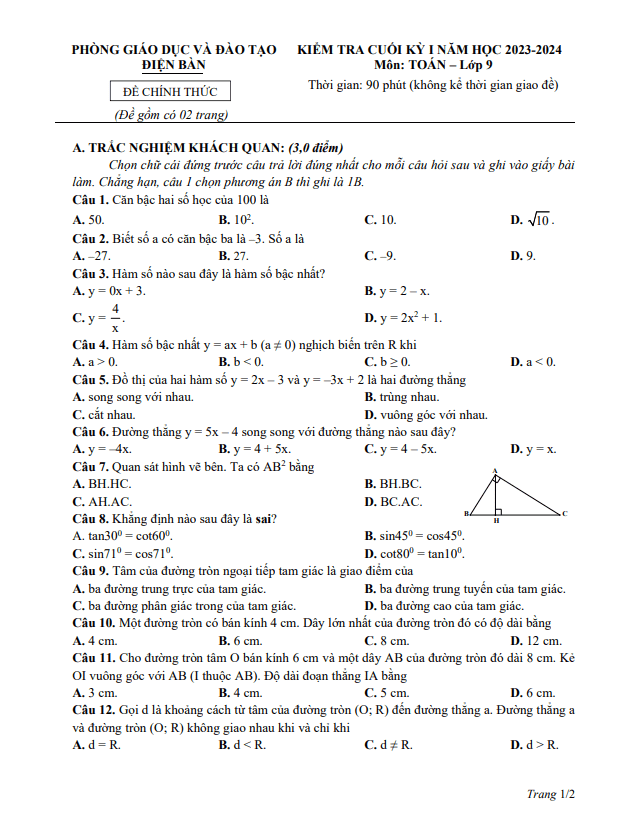 Đề cuối kỳ 1 Toán 9 năm 2023 – 2024 phòng GD&ĐT Điện Bàn – Quảng Nam