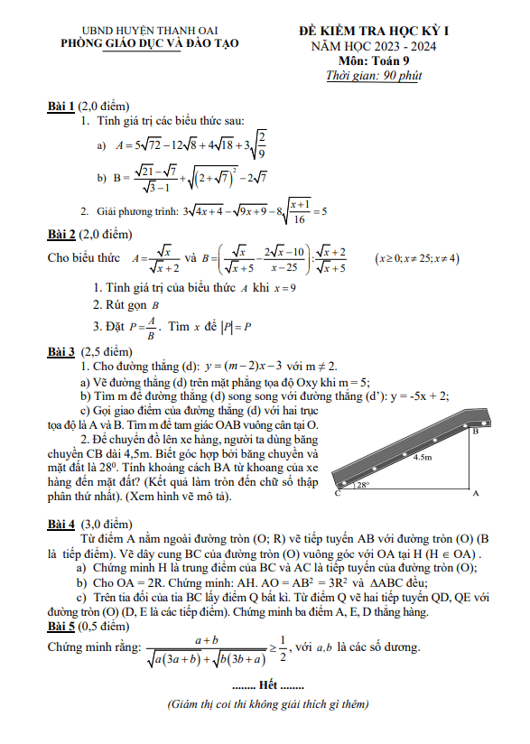 Đề cuối kỳ 1 Toán 9 năm 2023 – 2024 phòng GD&ĐT Thanh Oai – Hà Nội