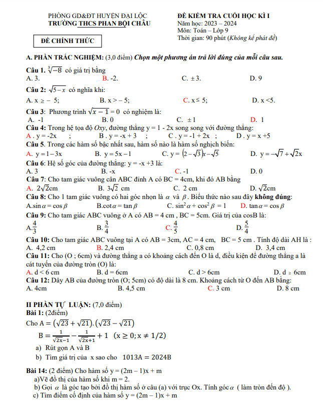 Đề cuối kỳ 1 Toán 9 năm 2023 – 2024 trường THCS Phan Bội Châu – Quảng Nam