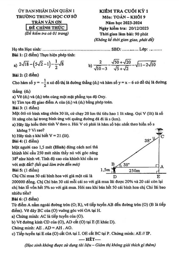 Đề cuối kỳ 1 Toán 9 năm 2023 – 2024 trường THCS Trần Văn Ơn – TP HCM