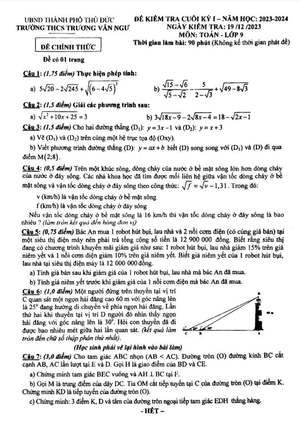 Đề cuối kỳ 1 Toán 9 năm 2023 – 2024 trường THCS Trương Văn Ngư – TP HCM