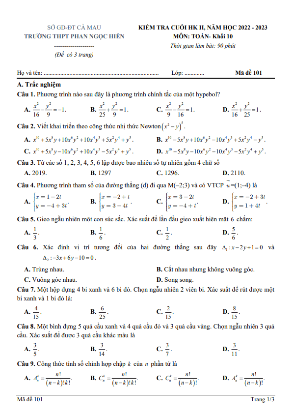 Đề cuối kỳ 2 Toán 10 năm 2022 – 2023 trường THPT Phan Ngọc Hiển – Cà Mau