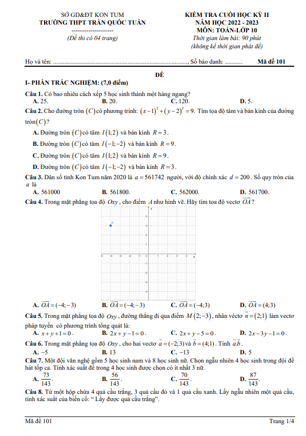 Đề cuối kỳ 2 Toán 10 năm 2022 – 2023 trường THPT Trần Quốc Tuấn – Kon Tum