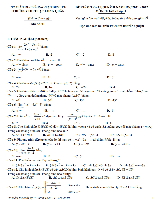 Đề cuối kỳ 2 Toán 11 năm 2021 – 2022 trường Lạc Long Quân – Bến Tre