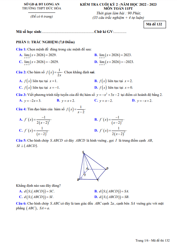 Đề cuối kỳ 2 Toán 11 năm 2022 – 2023 trường THPT Đức Hòa – Long An