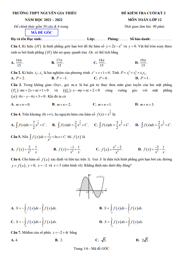 Đề cuối kỳ 2 Toán 12 năm 2021 – 2022 trường THPT Nguyễn Gia Thiều – Hà Nội