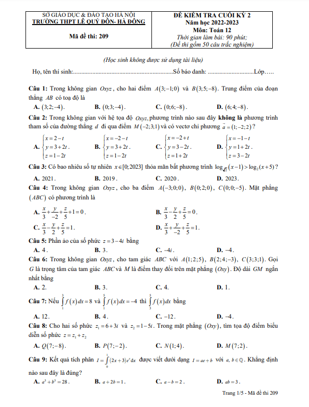 Đề cuối kỳ 2 Toán 12 năm 2022 – 2023 trường THPT Lê Quý Đôn – Hà Nội