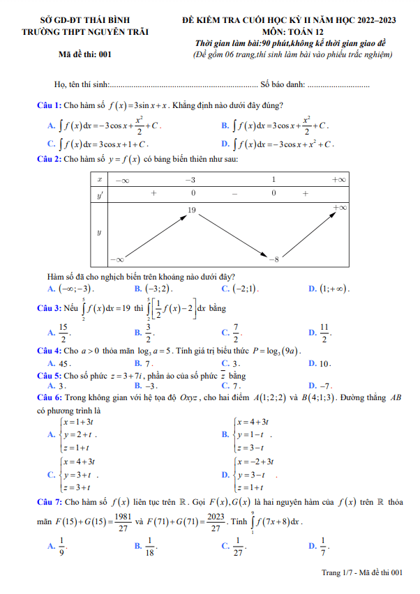 Đề cuối kỳ 2 Toán 12 năm 2022 – 2023 trường THPT Nguyễn Trãi – Thái Bình