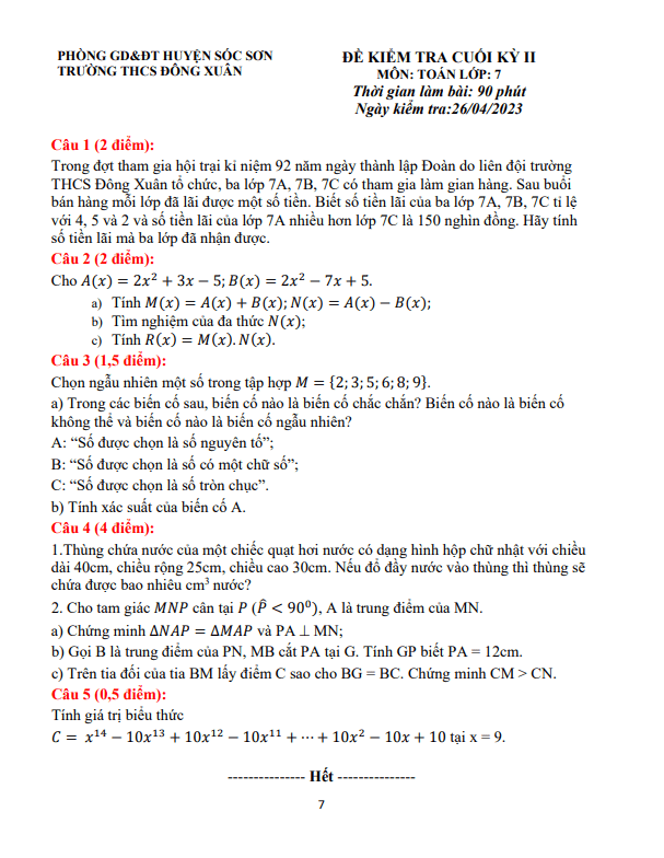 Đề cuối kỳ 2 Toán 7 năm 2022 – 2023 trường THCS Đông Xuân – Hà Nội