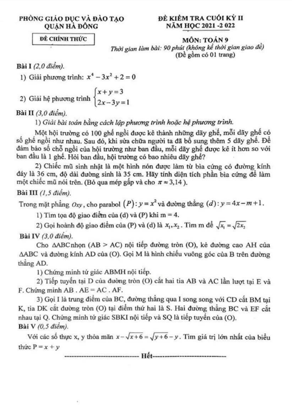 Đề cuối kỳ 2 Toán 9 năm 2021 – 2022 phòng GD&ĐT Hà Đông – Hà Nội