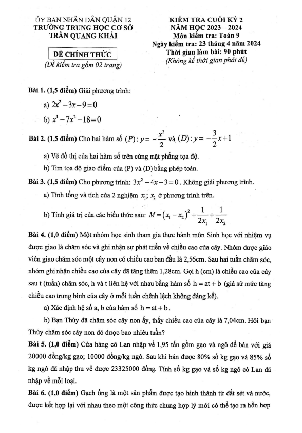 Đề cuối kỳ 2 Toán 9 năm 2023 – 2024 trường THCS Trần Quang Khải – TP HCM