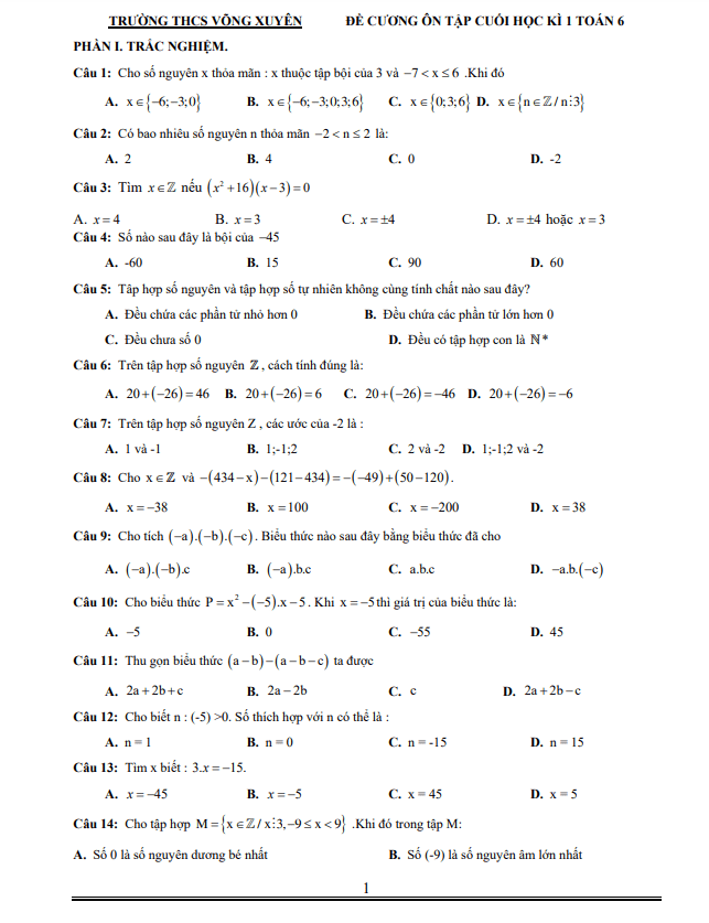 Đề cương cuối học kì 1 Toán 6 năm 2022 – 2023 trường THCS Võng Xuyên – Hà Nội