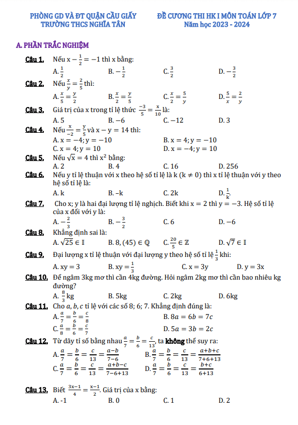 Đề cương cuối học kì 1 Toán 7 năm 2023 – 2024 trường THCS Nghĩa Tân – Hà Nội