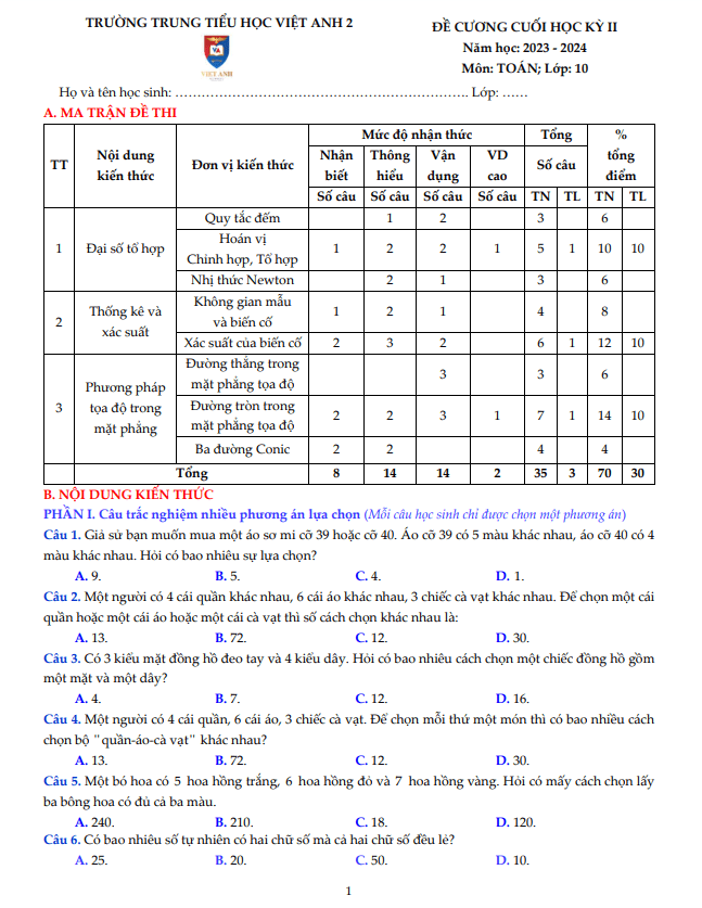 Đề cương cuối học kỳ 2 Toán 10 năm 2023 – 2024 trường Việt Anh 2 – Bình Dương
