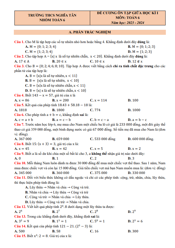 Đề cương giữa học kì 1 Toán 6 năm 2023 – 2024 trường THCS Nghĩa Tân – Hà Nội