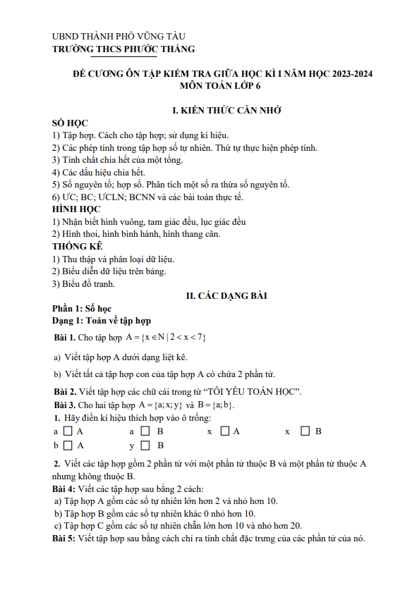 Đề cương giữa học kì 1 Toán 6 năm 2023 – 2024 trường THCS Phước Thắng – BR VT