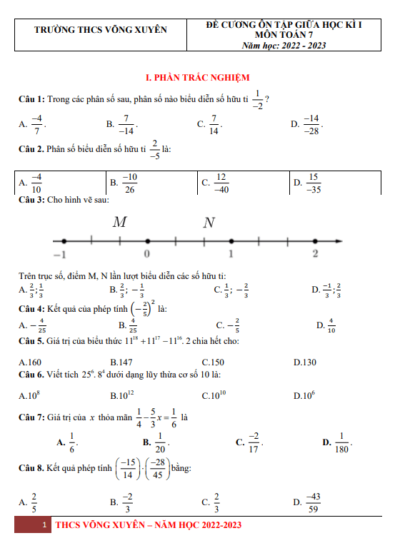 Đề cương giữa học kì 1 Toán 7 năm 2022 – 2023 trường THCS Võng Xuyên – Hà Nội