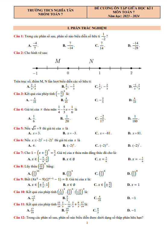 Đề cương giữa học kì 1 Toán 7 năm 2023 – 2024 trường THCS Nghĩa Tân – Hà Nội