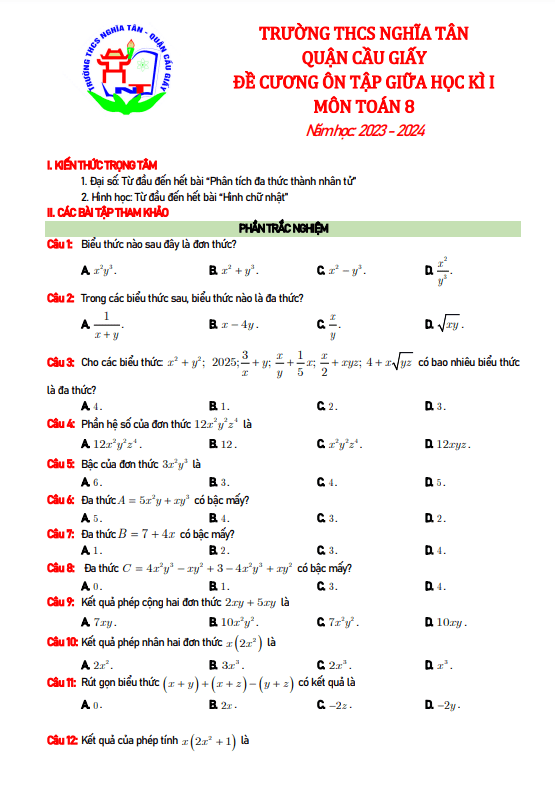 Đề cương giữa học kì 1 Toán 8 năm 2023 – 2024 trường THCS Nghĩa Tân – Hà Nội