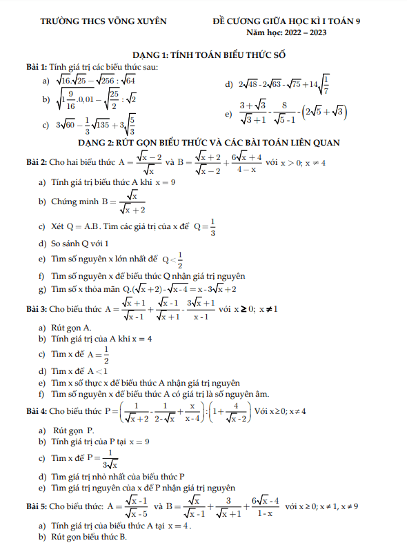 Đề cương giữa học kì 1 Toán 9 năm 2022 – 2023 trường THCS Võng Xuyên – Hà Nội