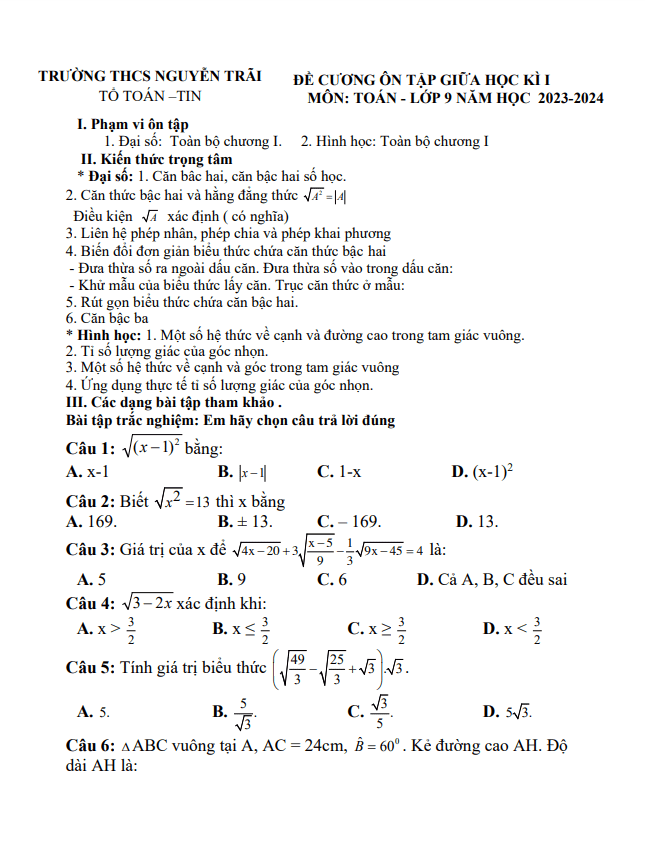 Đề cương giữa học kì 1 Toán 9 năm 2023 – 2024 trường THCS Nguyễn Trãi – Quảng Trị