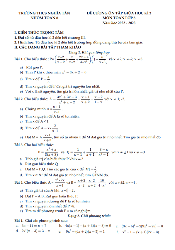 Đề cương giữa học kì 2 Toán 8 năm 2022 – 2023 trường THCS Nghĩa Tân – Hà Nội