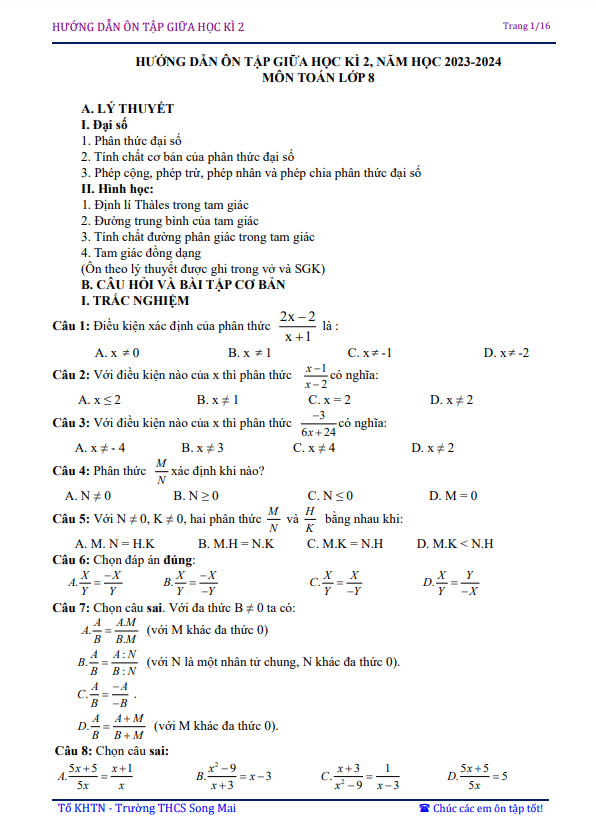 Đề cương giữa học kì 2 Toán 8 năm 2023 – 2024 trường THCS Song Mai – Bắc Giang
