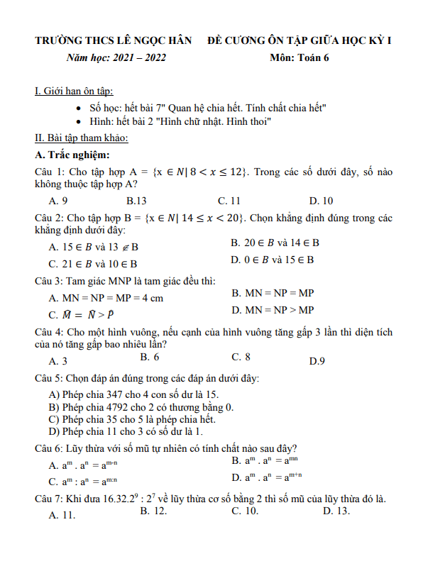 Đề cương giữa học kỳ 1 Toán 6 năm 2021 – 2022 trường THCS Lê Ngọc Hân – Hà Nội