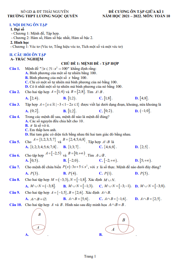 Đề cương giữa kì 1 Toán 10 năm 2021 – 2022 trường THPT Lương Ngọc Quyến – Thái Nguyên