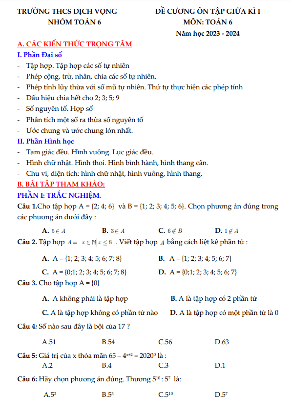 Đề cương giữa kì 1 Toán 6 năm 2023 – 2024 trường THCS Dịch Vọng – Hà Nội
