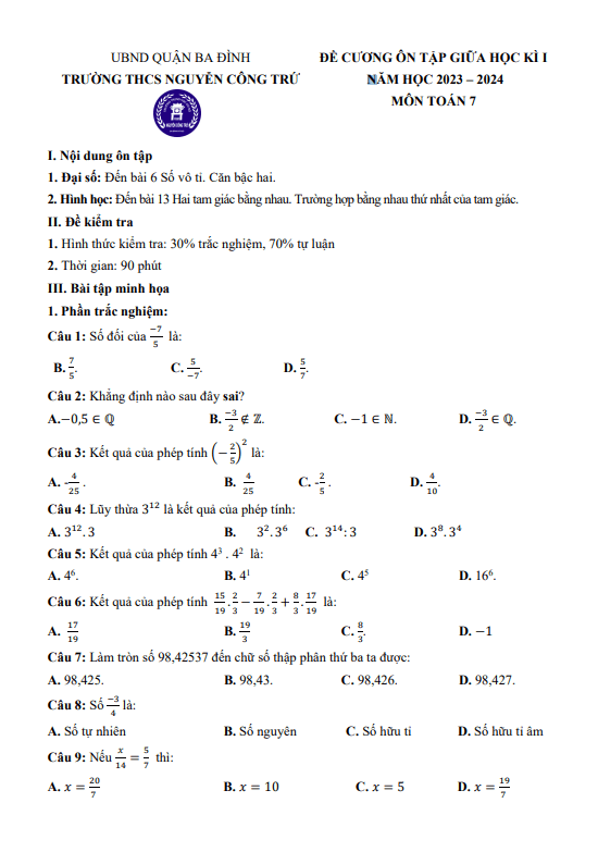 Đề cương giữa kì 1 Toán 7 năm 2023 – 2024 trường THCS Nguyễn Công Trứ – Hà Nội